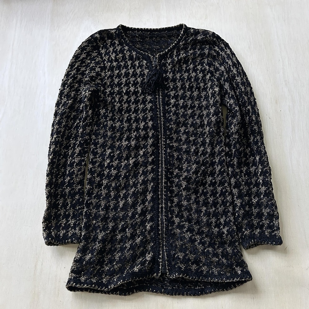 Vintage Chunky-Knit Cardigan Sweater Womens Small Black Crew Neck Zip Tasseled
